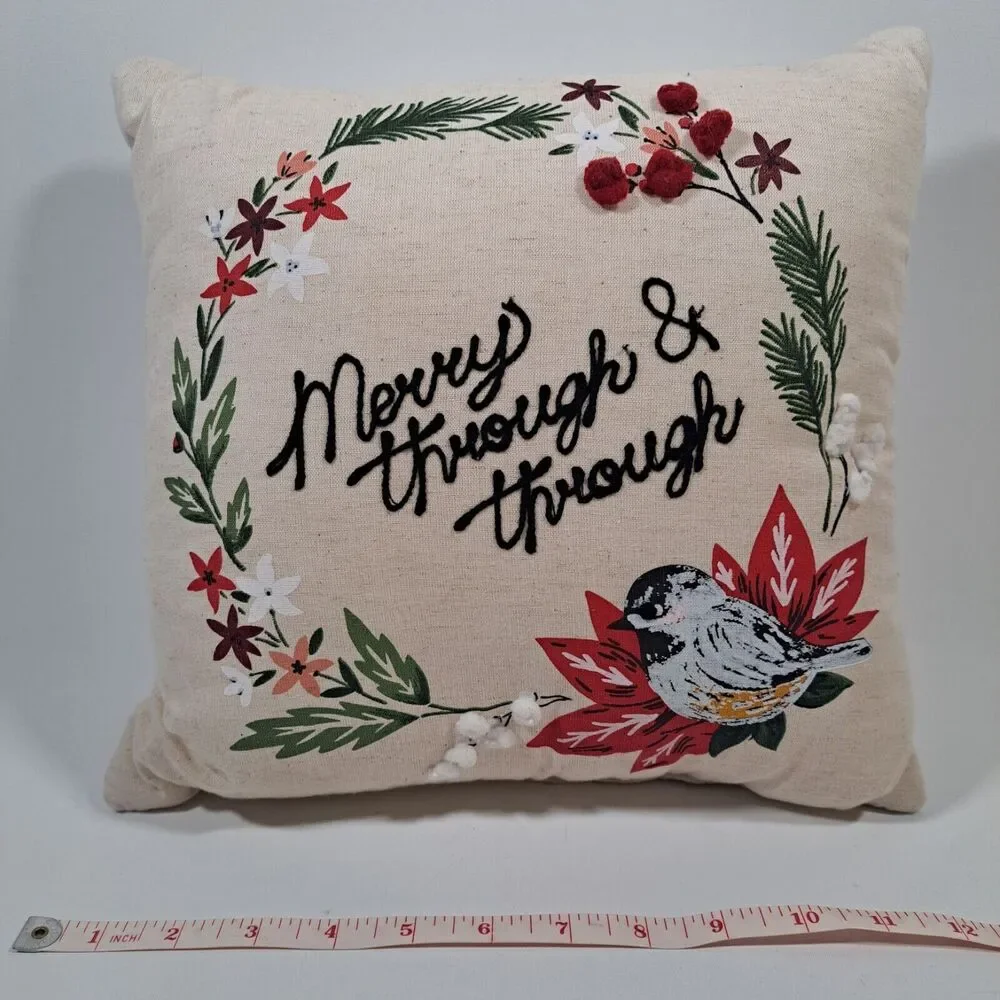 St Nicholas Holiday Christmas Merry Through Floral Bird Theme Throw Pillow